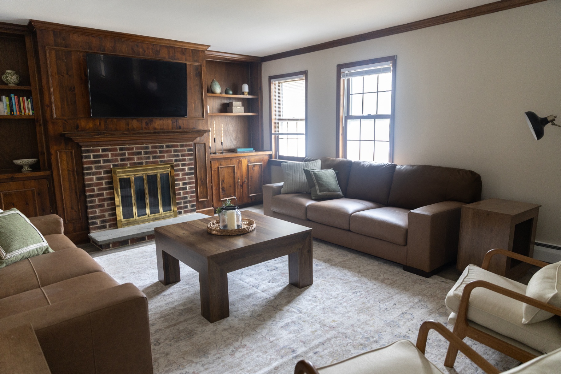 Living room focused on sofas and shelving