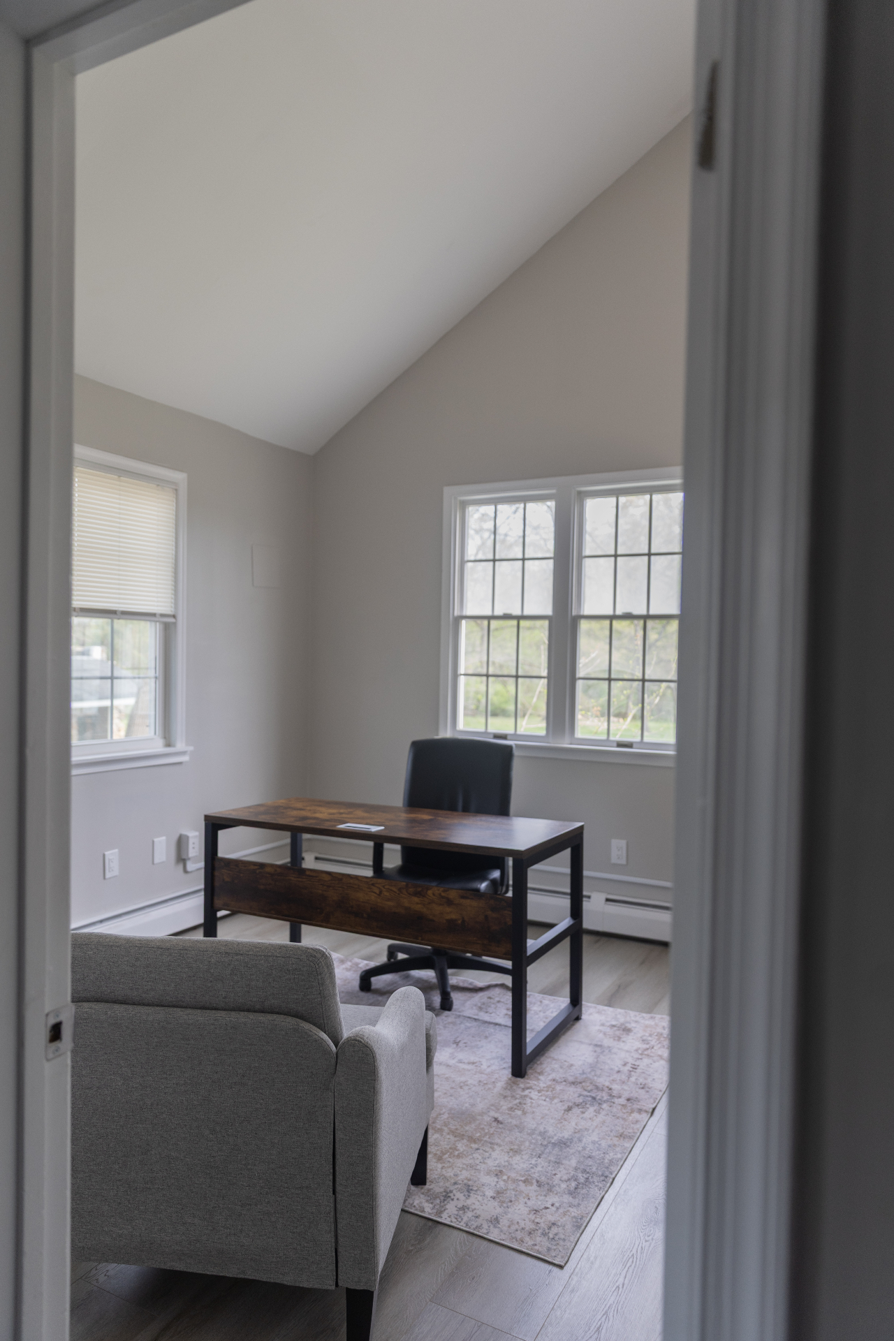 Consult room with dark wood desk and grey armchair