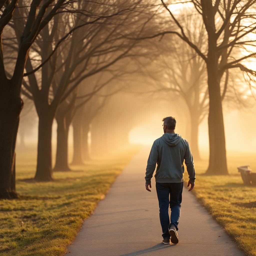 Adult walking a quiet tree-lined path at sunrise, representing recovery from OCD