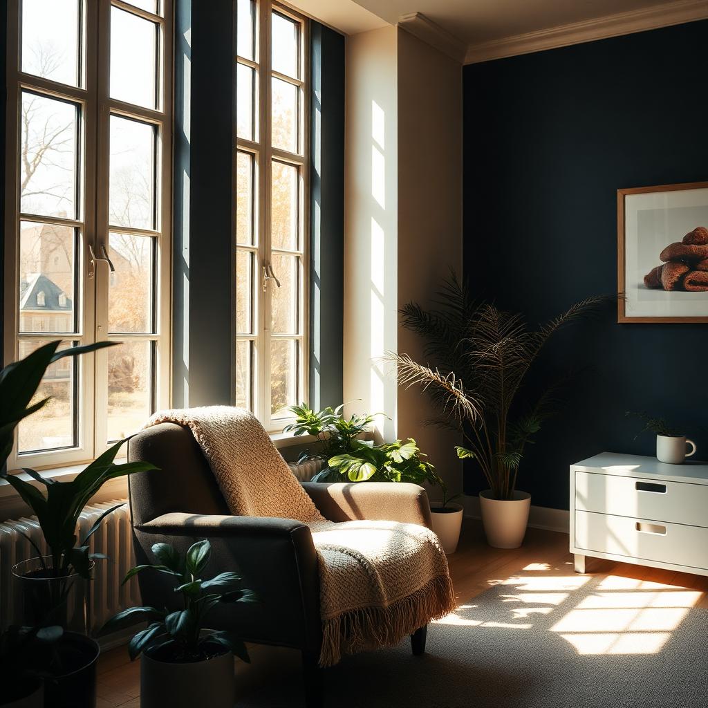 Sunlit therapy room with soft armchair and plants at Hillside Wellness Center